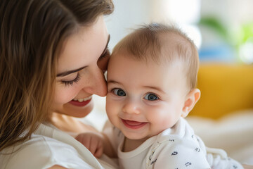 young mother carrying little child on white background