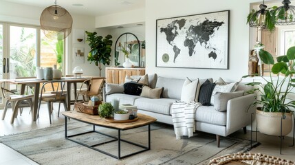 Sleek Open Living Space with Mint Sofa, Modern Furniture, and Elegant Decor