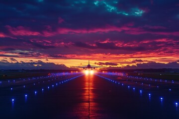 An illuminated airplane runway at dusk, with a plane taking off into the colorful sky, symbolizing the departure of a new journey and the endless possibilities of travel