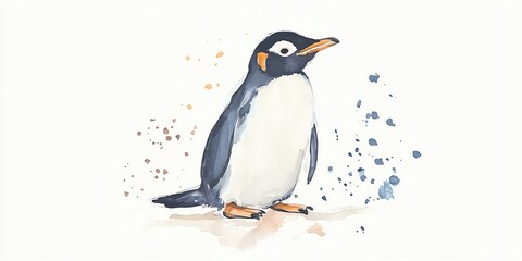 Fototapeta premium Charming watercolor illustration of a penguin, showcasing its distinctive features and playful spirit in a whimsical style.