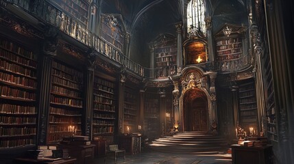 Obraz premium The image depicts an opulent, dimly lit library adorned with intricate, ornate architecture. Tall, dark wooden bookshelves filled with a multitude of old books line the walls, reaching up to the high,