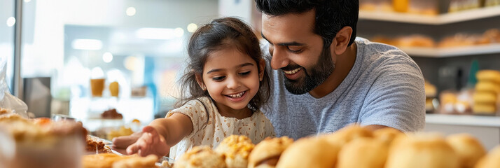 Obraz premium happy indian father and daughter standing at snack counter