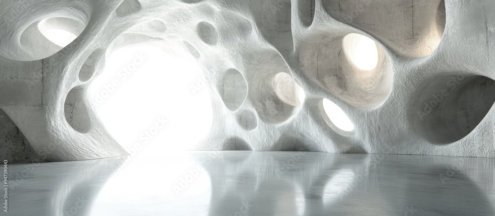 Poster abstract parametric interior featuring concrete and coquina with a window 3d rendering
