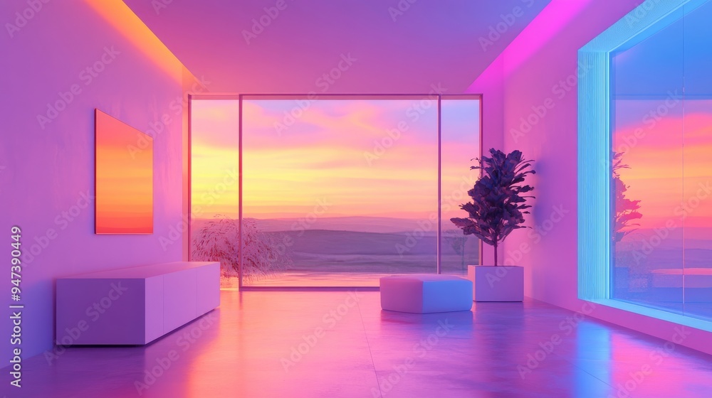 Poster minimalist house interior with large windows featuring a 3d rendering of an abstract architectural d