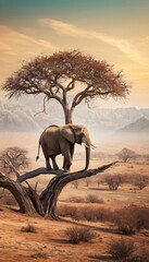 Elephant stands on thin branch of withered tree in surreal landscape. Ai generated image