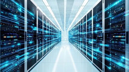 Data Center Server Room with Blue Light Streaks