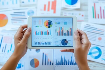 Hands holding a tablet displaying business analytics, surrounded by charts, graphs, and creative designs, symbolizing the blend of creativity and strategy in entrepreneur