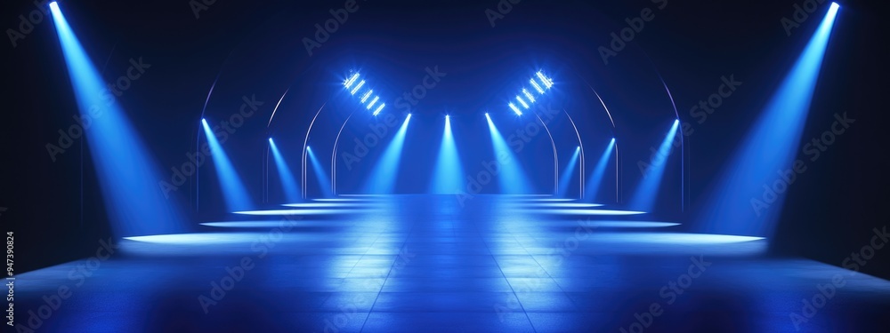 Poster 3d rendering of an empty stage with blue neon and an abstract blue background featuring rays of sear