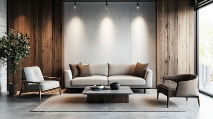 Modern living room interior featuring white and wooden walls a concrete floor and a cozy gray couch alongside an armchair next to a square coffee table 3D rendering