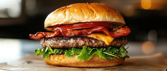 Delicious burger with crispy bacon, cheddar cheese, and fresh lettuce. Perfect for food lovers and culinary enthusiasts.