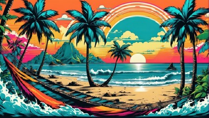 A vibrant tropical beach scene featuring palm trees, a sunset, and a rainbow, perfect for travel, vacation, and leisure-themed projects.