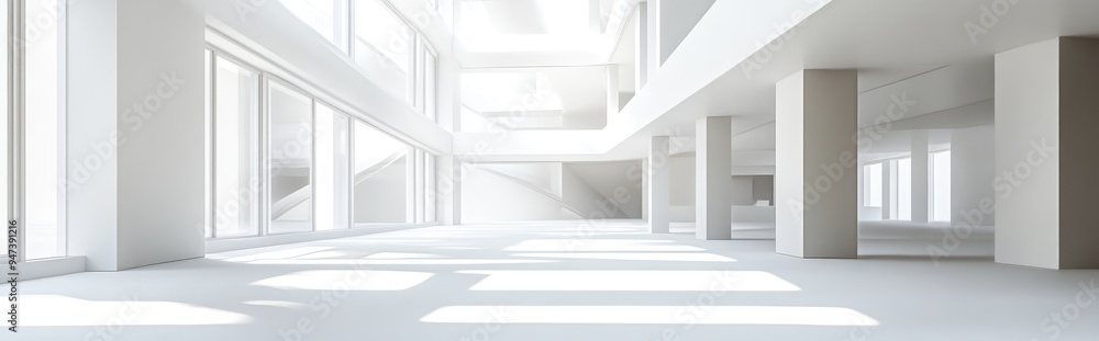 Poster abstract 3d rendering of a white multilevel interior public space featuring windows