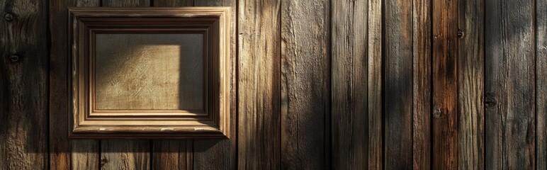 3D rendering of an antique picture frame on a rustic wooden wall