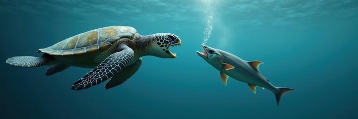 A captivating underwater scene featuring a turtle and a fish, showcasing the beauty of marine life and the dynamics of ocean ecosystems.