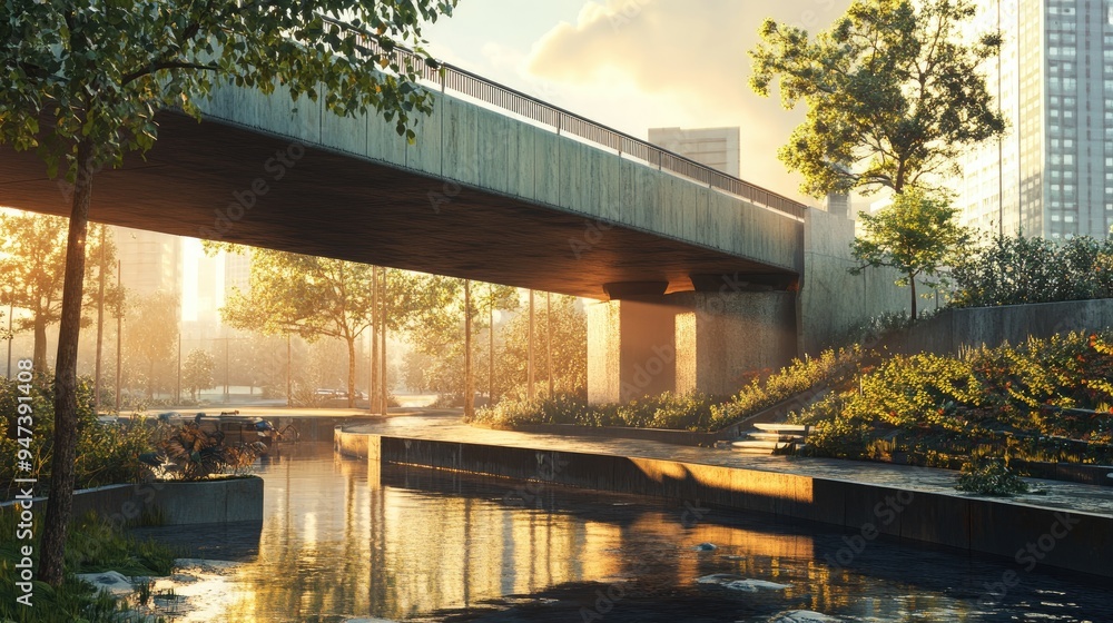Poster 3d rendering of a bridge in an urban setting