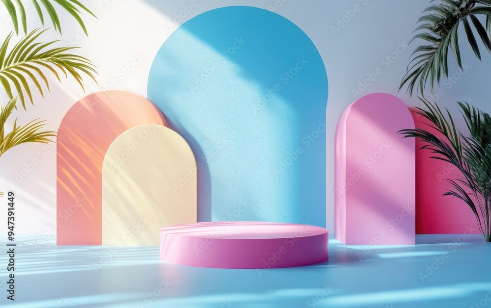 Poster 3d rendering of a minimalist and colorful podium in a bright studio setting for product showcase