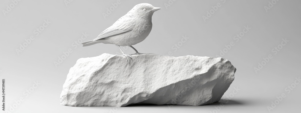 Poster 3d rendering of a simplistic bird perched on a piece of white marble
