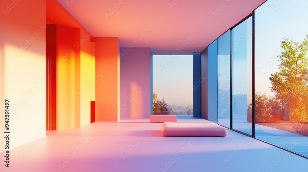 Poster abstract minimalist house interior featuring smooth architectural design and large windows enhanced 
