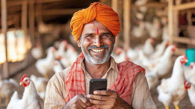 happy indian poultry farmer standing at farm