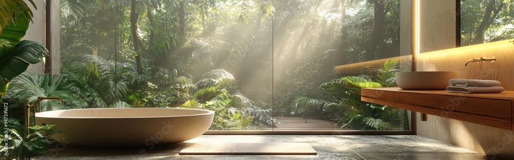 Poster 3D Rendering of a Bathroom Architectural Design in Neutral Tones with a Rainforest Background