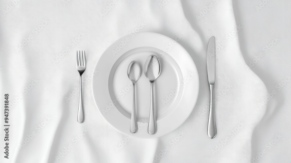 Poster 3d rendering of a top view of a plate spoon and fork set prepared for a meal on white table linen