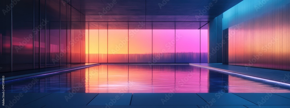 Poster 3d rendering of an abstract interior featuring gradient colored glass in a futuristic design during 