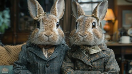 Funny Dressed Up Rabbit Couple Illustration