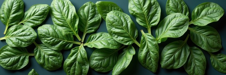 Fototapeta premium Fresh green leaves arranged aesthetically on a dark background. Ideal for culinary, wellness, or nature-themed projects.