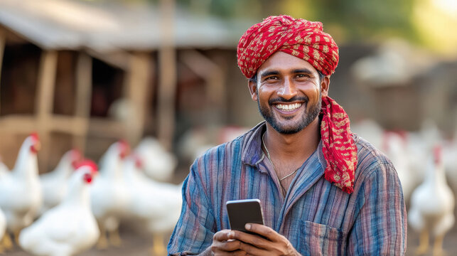 happy indian poultry farmer standing at farm