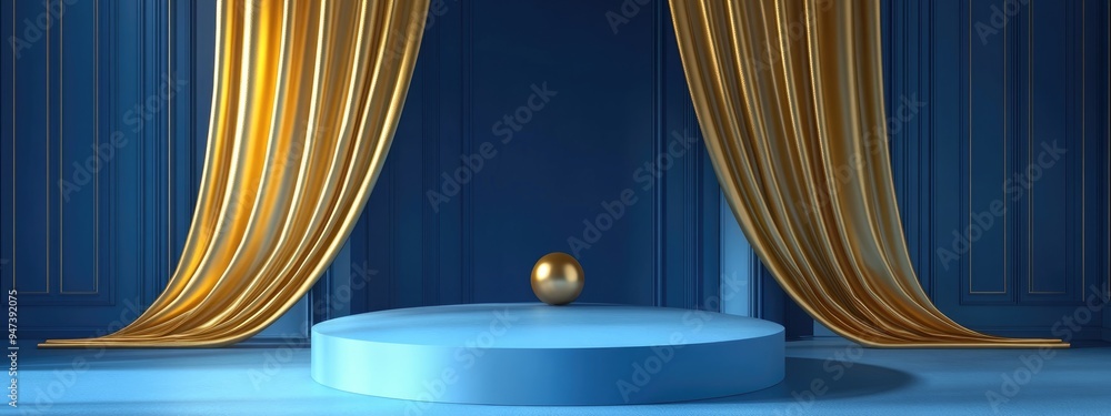 Poster empty podium with a ball and gold curtain in a blue composition for modern stage display abstract sh