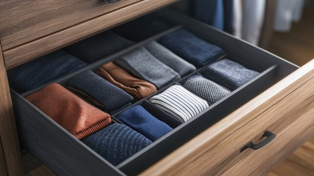 3D rendering of neatly folded male underwear and socks using the Japanese method for organized clothing storage in a dresser drawer