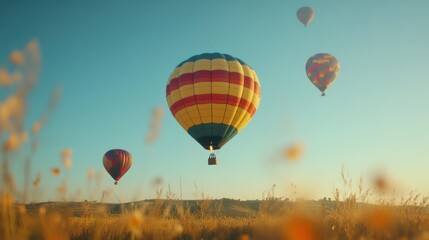 Obraz premium Colorful hot air balloons ascend into a clear blue sky above a serene field, creating a picturesque and tranquil landscape.