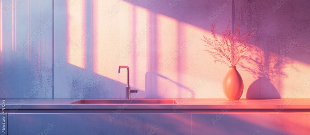 Poster 3d rendering of an industrial minimalist kitchen with sunlight illuminating the sink and a vase plac