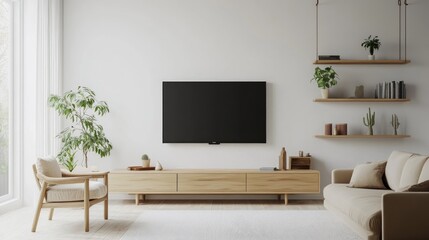 3D rendering of a modern living room interior featuring a wall mounted TV sofa wooden shelf and white wall mockup