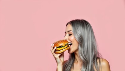 A stylish woman with long gray hair enjoying a delicious burger against a soft pink background, perfect for food-related marketing and lifestyle branding.