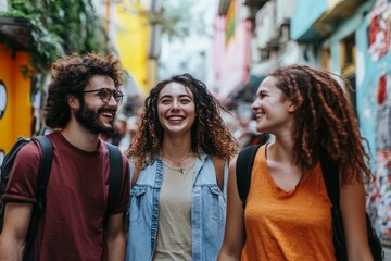 Fototapeta premium Friends exploring a vibrant city together, with street markets, cafes, and smiles all around, capturing the excitement of discovering new places as a group
