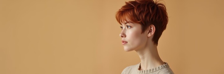 A side profile of a young woman with short red hair against a soft orange background, exuding confidence and style. Perfect for beauty, fashion, or lifestyle themes.