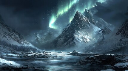 Snowy Mountains and Frozen River Under Aurora Borealis