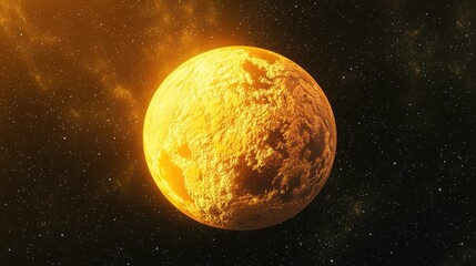 Isolated exoplanet depicted in yellow tones with a solid surface featuring a 3D cartoon rendering against a black starry background