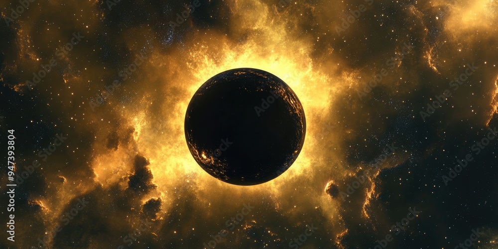 Poster Illustration of a black hole in outer space with 3D cartoon rendering