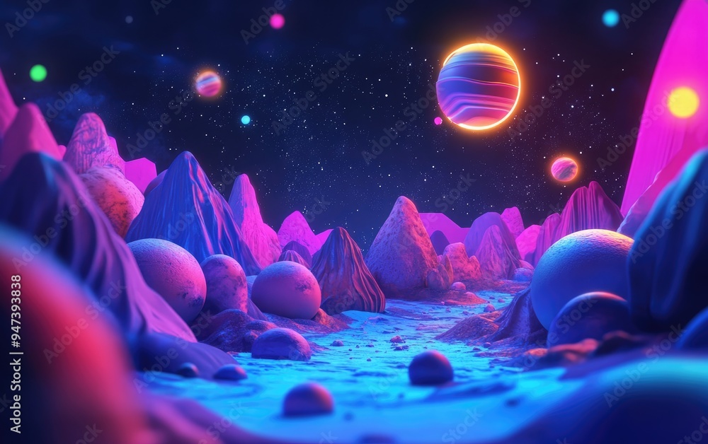 Poster 3d cartoon depiction of a cosmic landscape featuring outer space and nebula