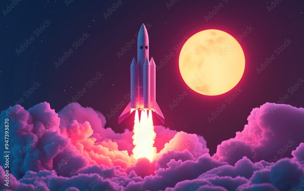 Aufkleber cartoon rendering in 3d of a new space rocket launching into the sky with smoke and clouds accompani
