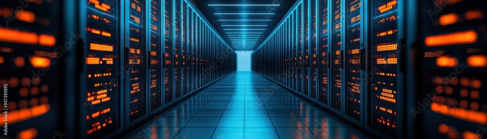 Poster a futuristic view of a data center with illuminated servers and a sleek, modern design showcasing te
