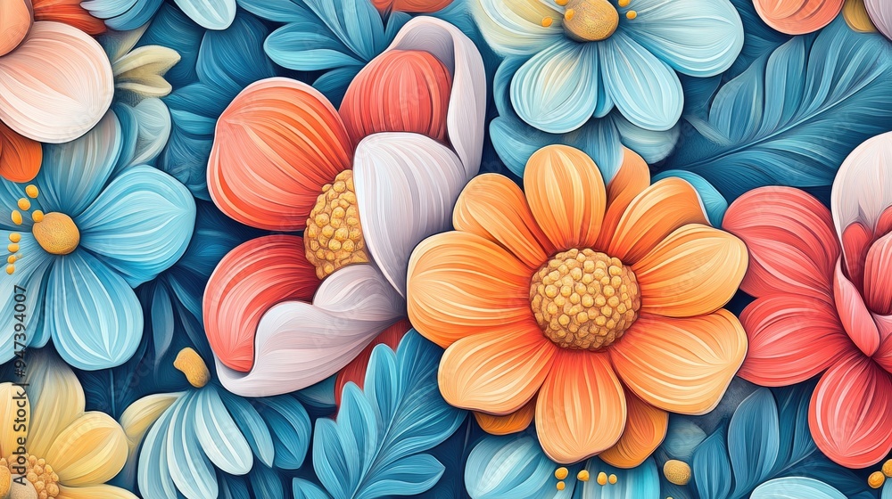 Aufkleber colorful flower illustration in 3d cartoon rendering with hand painted and drawn details featuring d