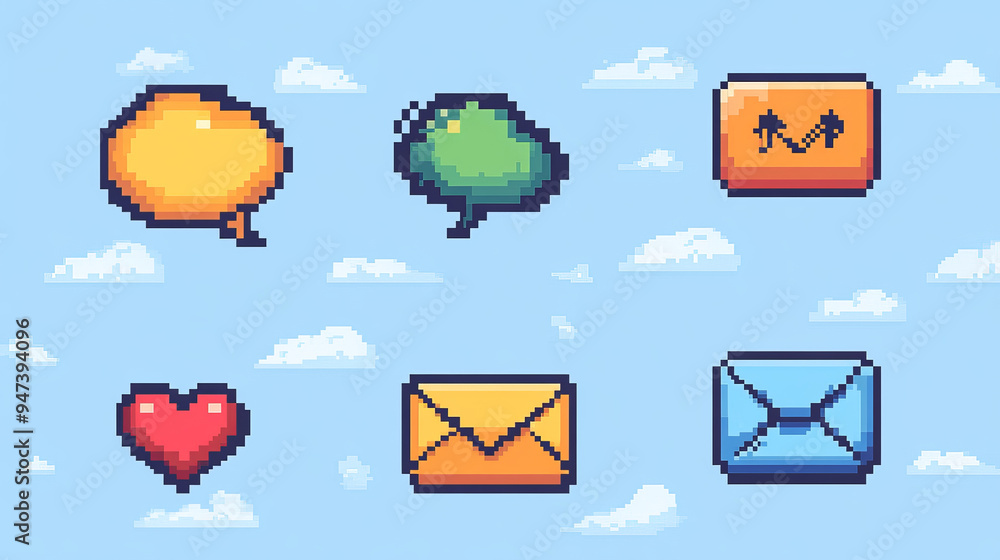 Poster 8-bit pixel art speech bubbles and message dialog boxes, vector icons designed for computer games. i