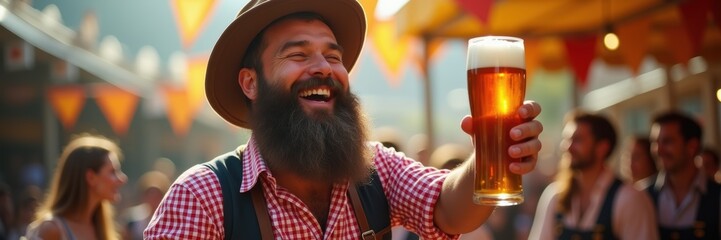 Cheerful man enjoying a beer at a lively festival. Perfect for marketing materials related to events, beer, or community celebrations.