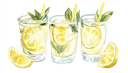 Refreshing lemonade in clear glasses garnished with mint and lemon slices, perfect for summer enjoyment and thirst quenching.