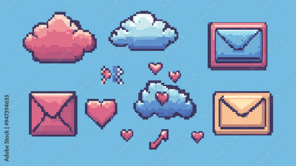 Poster 8-bit pixel art speech bubbles and message dialog boxes, vector icons designed for computer games. i