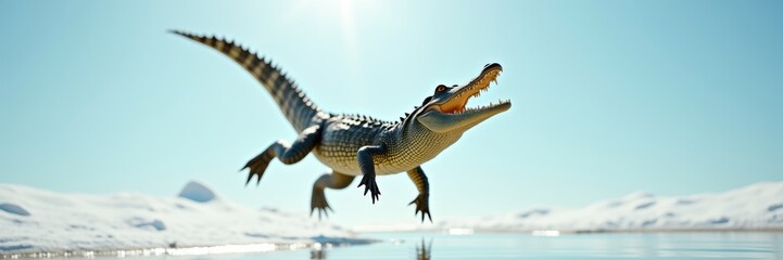 Fototapeta premium A dynamic illustration of a crocodile leaping through the air against a bright blue sky, showcasing a blend of wildlife and imaginative design. Perfect for nature and adventure themes.