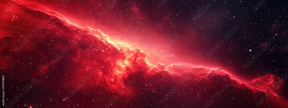 Poster Space scene in a 3D cartoon rendering featuring a panorama of a red universe filled with stars a nebula and a galaxy